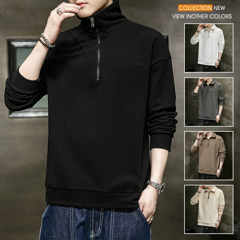 Немецкий бархатный свитер, мужское осенне-зимнее теплое пальто на молнии, полуоткрытый воротник-стойка, Свободный пуловер, длинный рукав, флисовый топ со средним воротником