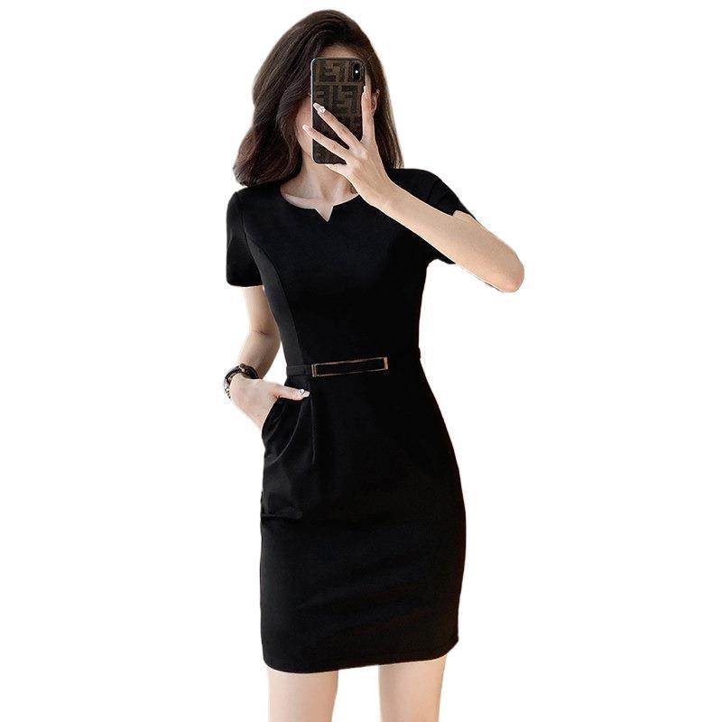 Black Short-Sleeved Dress for Women, New Summer Style, Elegant Goddess Style Professional Attire, Front Desk Reception Slim-Fit Work Dress Black Short-Sleeved Dress for Women, New Summer Style, Elegant Goddess Style Professional Attire, Front Desk Reception Slim-Fit Work Dress