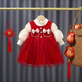 周岁小童红色喜庆拜年服女宝韩版新款加绒纱网泡泡袖连衣裙两件套