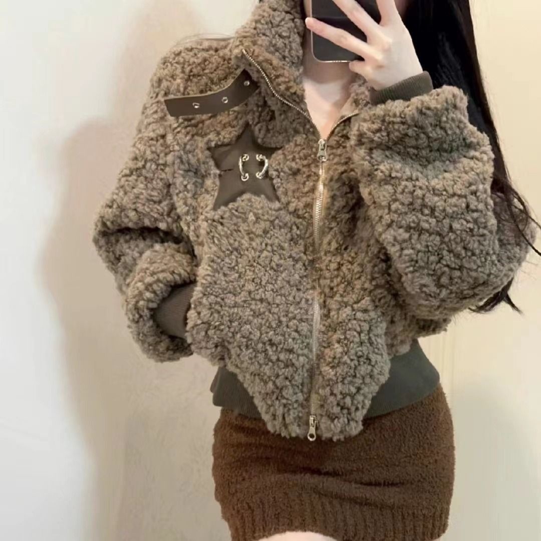 Women's winter stand-collar sherpa jacket, soft and cozy, short style, fleece-lined outerwear