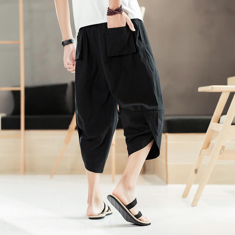 Pantalones casuales delgados originales, pantalones cortos para hombres, bombachos, pantalones anchos sueltos de algodón y lino, pantalones harem de gran tamaño, pantalones de lino