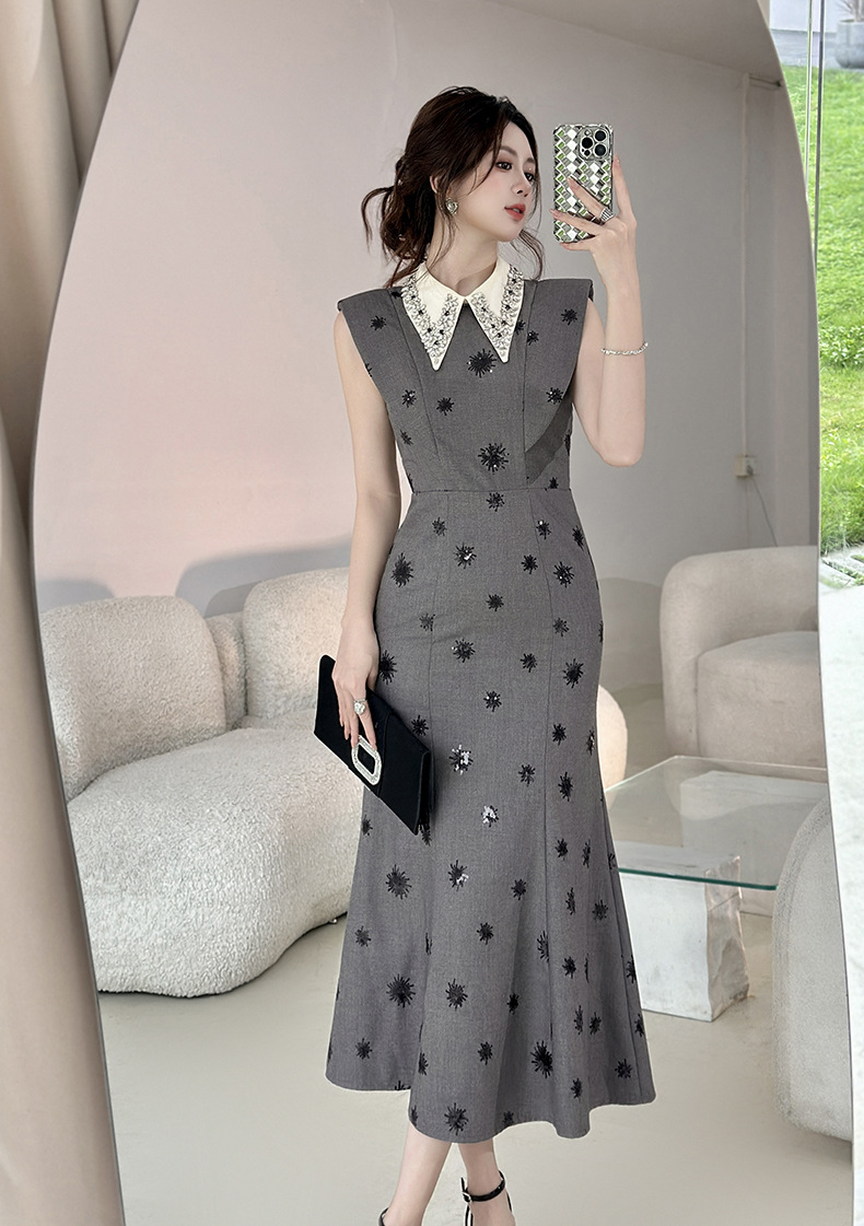 Váy đuôi cá cổ búp bê thắt eo đính sequin cho nữ — màu xám chi tiết 5