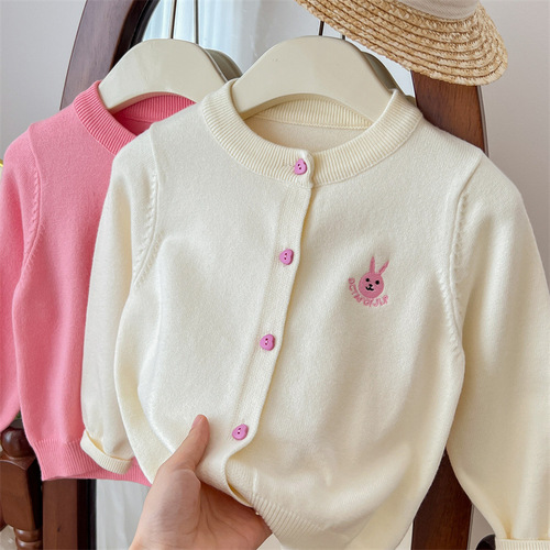 Ningli New Spring and Autumn Korean Style Fresh and Cute Style Girls Cardigan Jacket Stretch Skin Friendly Girls Knitted Sweater Long Sleeve