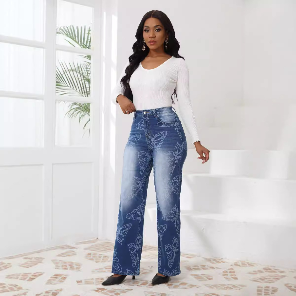 Jeans europeos de talla grande para comercio exterior, otoño-invierno 2025, nuevos jeans jacquard de cintura alta y pierna recta para Amazon transfronterizo.