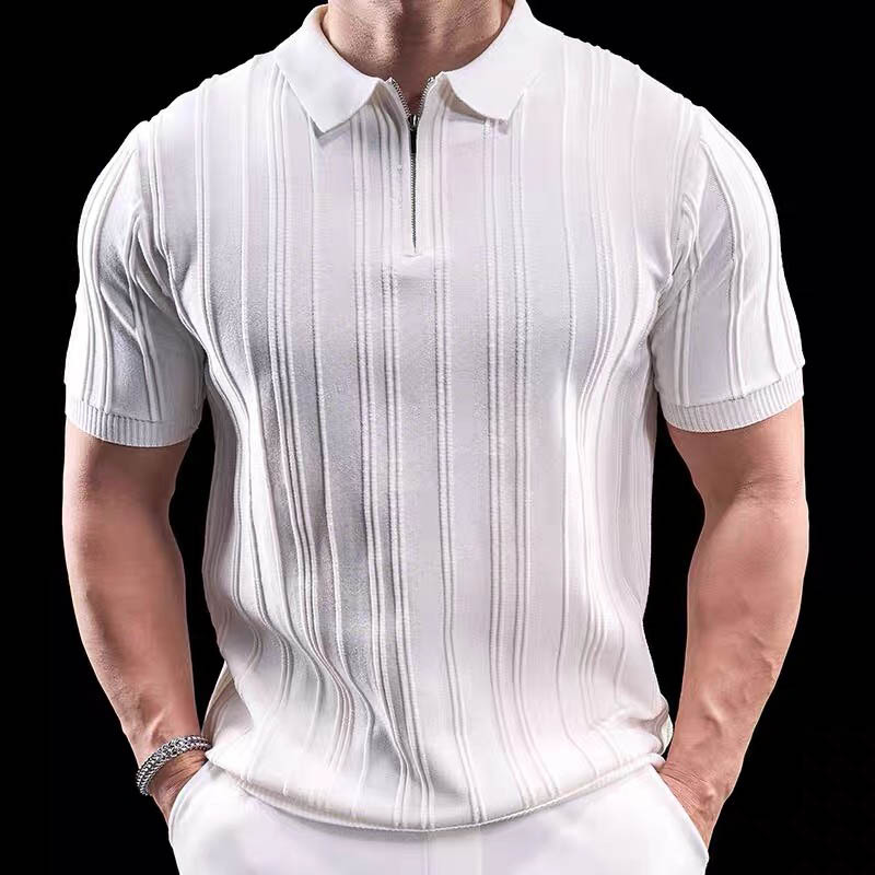 Polo camiseta de punto camiseta de manga corta hombre solapa media cremallera rayas viejas camisetas de hielo de viento de verano fábrica transfronteriza al por mayor