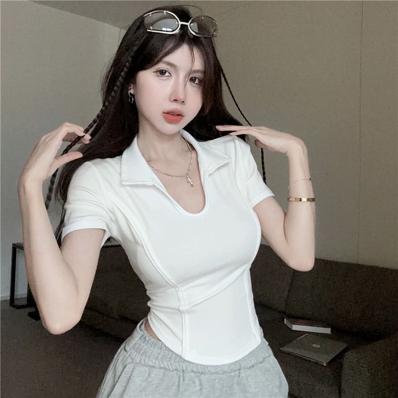 2025 New Short U-Neck Right Shoulder T-Shirt Polo Shirt T-Shirt Women's Summer High-Waisted Fishbone Waist Top Cross-Border