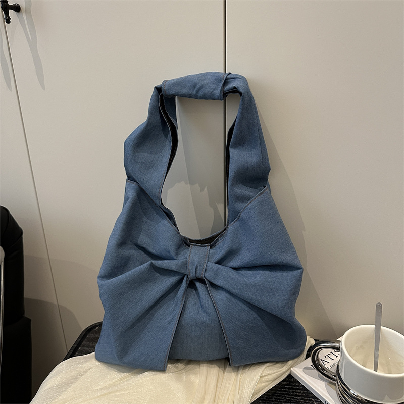 2025 New Fashion Minimalist Denim Single Shoulder Handheld Bag with Exquisite Bowknot, Niche Commuter Tote
