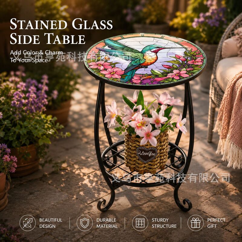 European-Style Stained Glass Hummingbird Side Table, Vintage Iron Balcony Small Coffee Table, Outdoor Patio Flower Stand Table