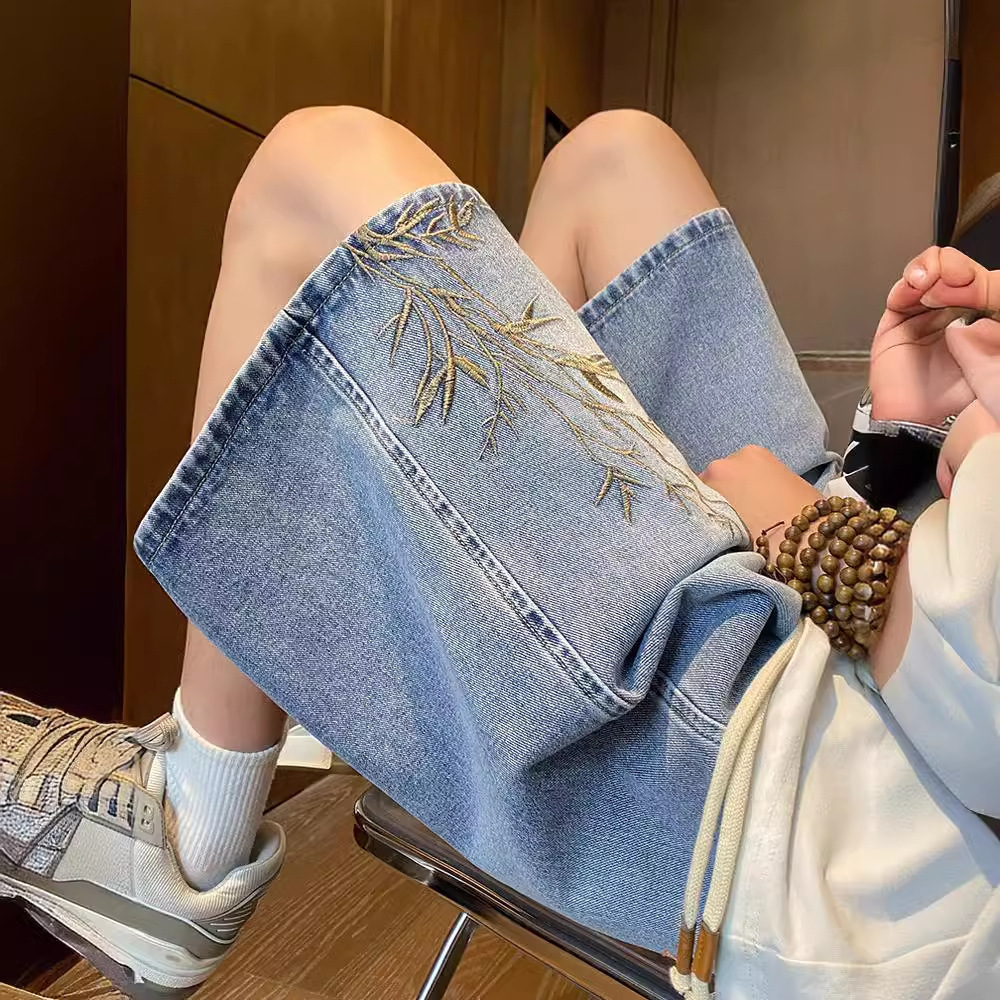 Washed Five-point Pants New Chinese-style Embroidered Denim Shorts Men's Summer Thin Loose Vintage Pants Trendy Brand Men's Pants