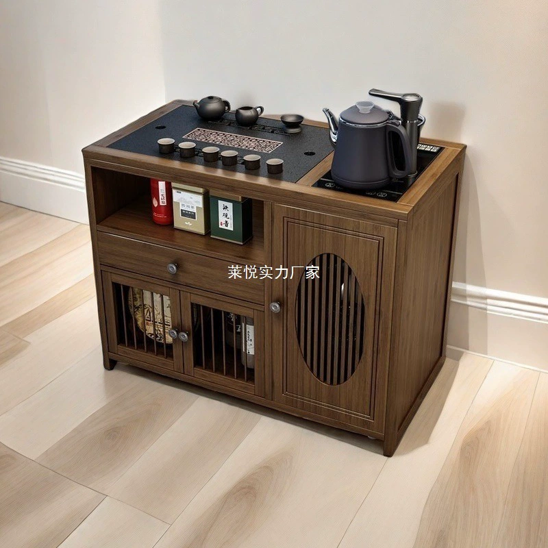 Мобильный чайный столик, чайный столик, небольшая чайная тележка из массива дерева для дома, чайный столик для гостиной, чайный сервиз, полностью автоматический встроенный чайник