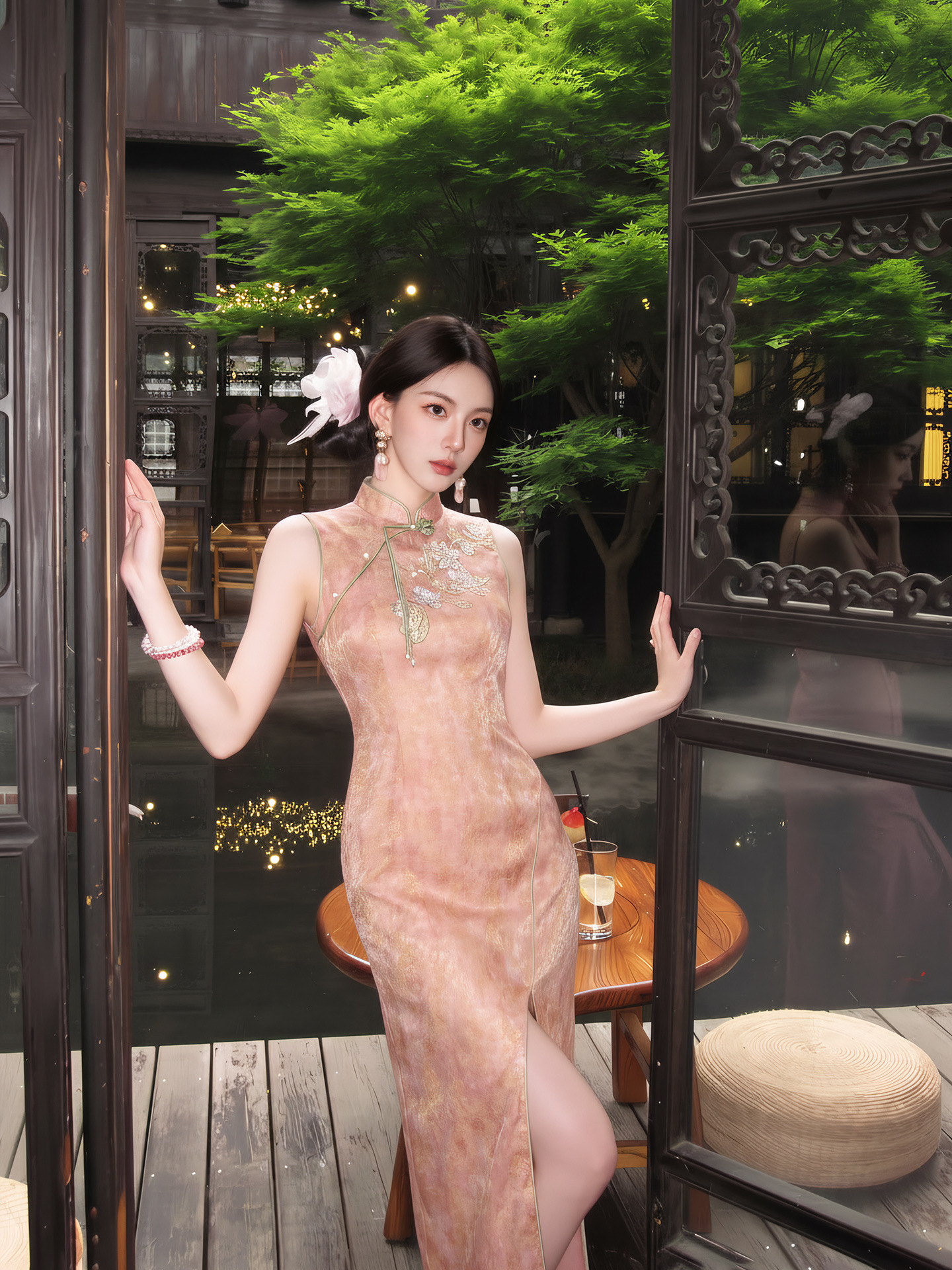 Đầm maxi nữ thắt eo kiểu Trung Quốc cải tiến, thêu đính cườm, tay ngắn — màu hồng