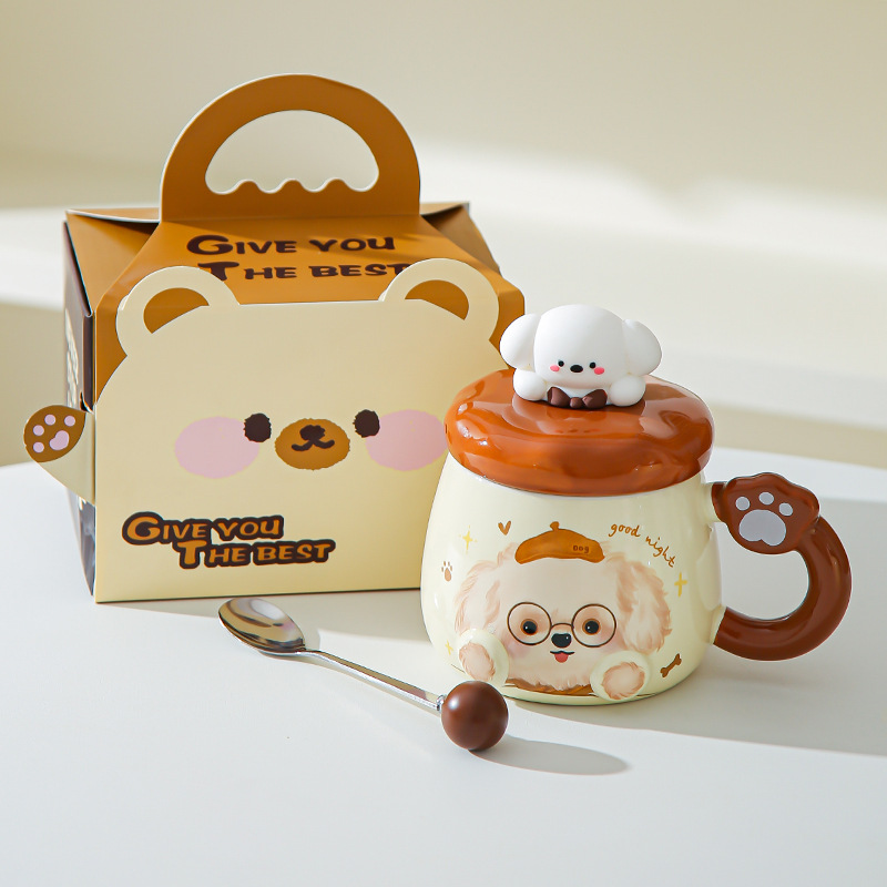 Taza de cerámica de alto valor nominal ins para cachorros con tapa para casa encantadora pareja taza de café para desayuno para acompañantes taza de regalo