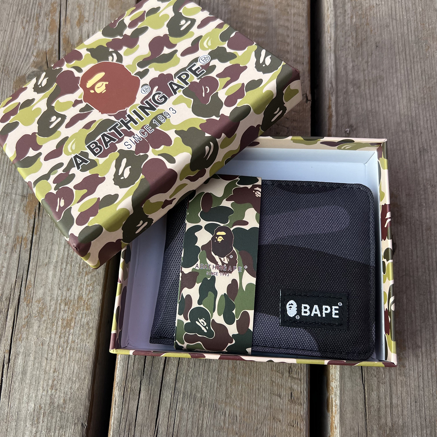 Short human head, camouflage box