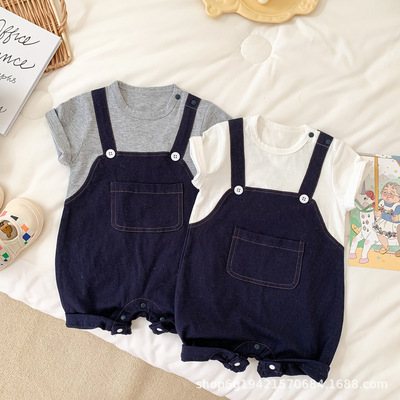 2022 Infants Children's clothing one-piece garment men and women baby handsome Short sleeved False two Romper straps Climbing clothes Jumpsuit