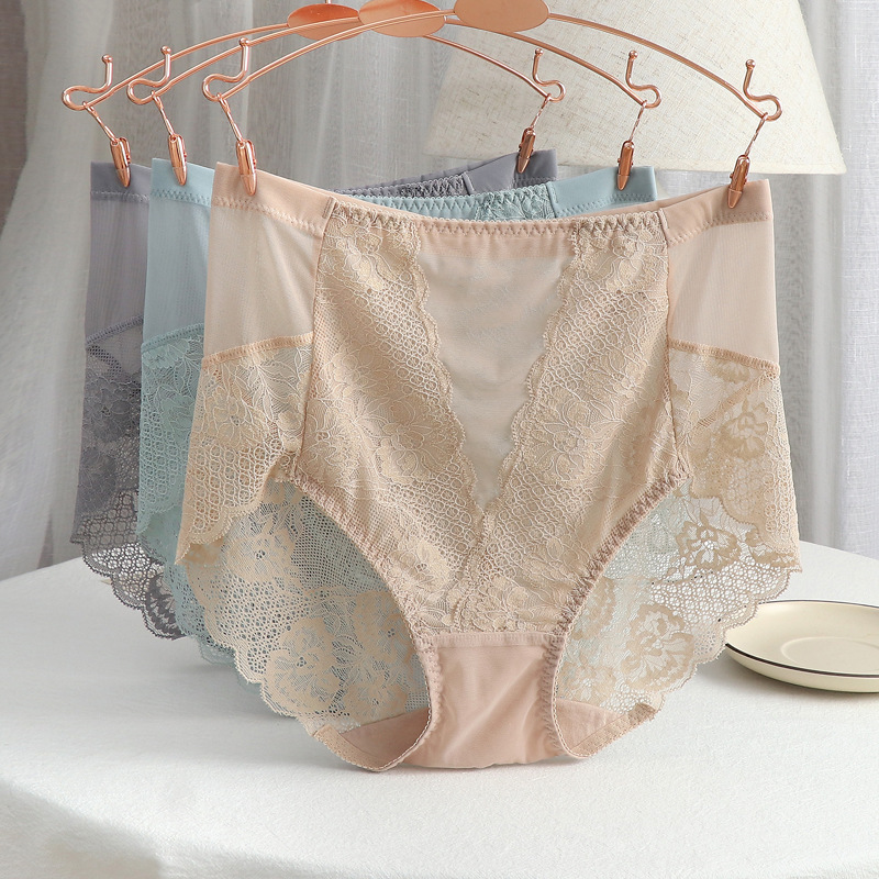 European and American light luxury quality plus size underwear women's belly contracting hip lifting high waist lace chubby girl ultra-thin transparent sexy seamless