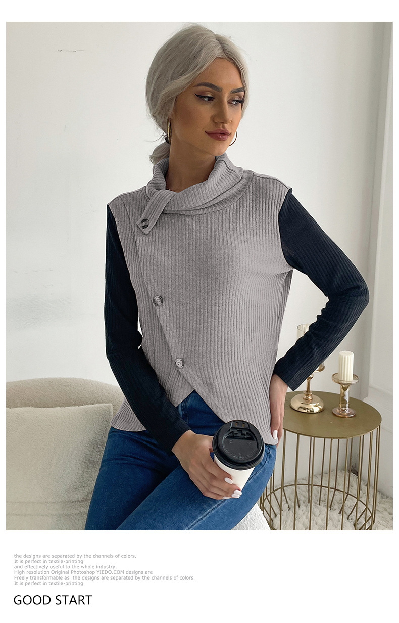 early autumn casual women's solid color pile collar long-sleeved pullover_voghion.com