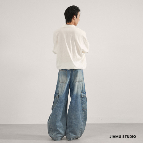 JIAMU American-style multi-pocket water print baggy jeans unisex relaxed wide-leg shears work pants for men and women