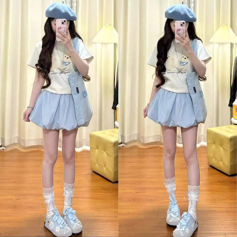蓝色花苞短裤女外穿夏季薄款2025新款小个子休闲灯笼蓬蓬半身裙裤