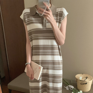 South Korea Chic Summer Vintage Niche POLO Collar Color Striped Loose Long Sleeveless Vest for dress Women