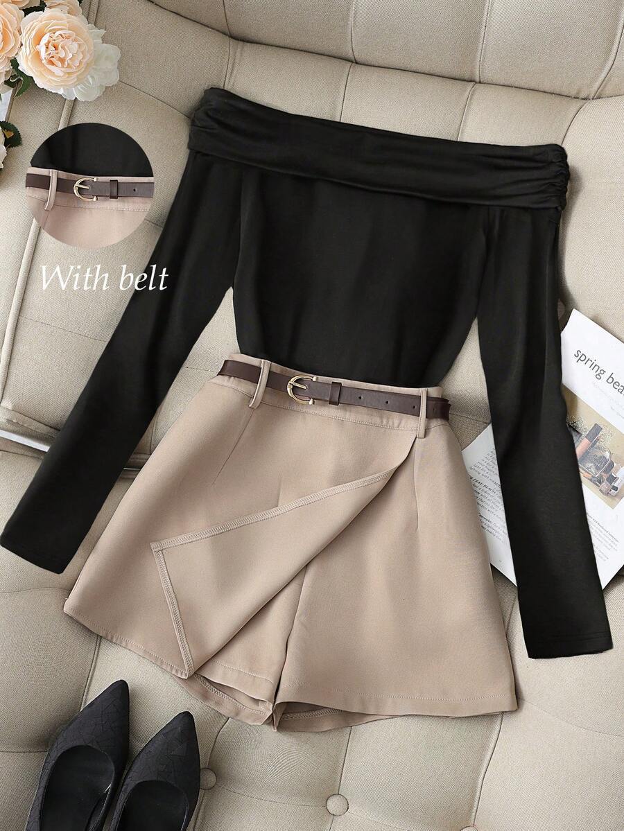 Women's Off-Shoulder Long Sleeve T-Shirt Shorts Skirt Set_ecoleips.com