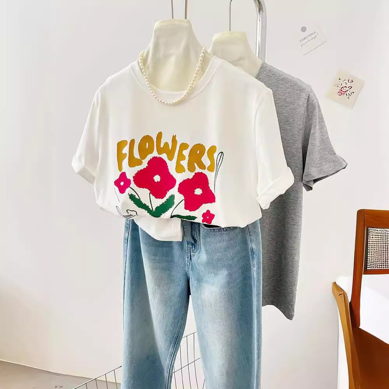 Crewneck Printed New Modal Short-sleeved T-shirt All-match Dongdaemun Age-reducing Women's Loose Flower Shoulder Top