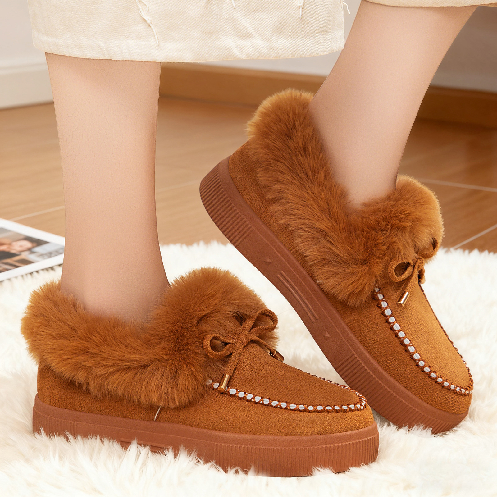 Zapatos de algodón de mujer transfronterizos TEMU zapatos de lana botas de nieve de arco de gran tamaño botas de algodón gruesas botas poco profundas botas cortas