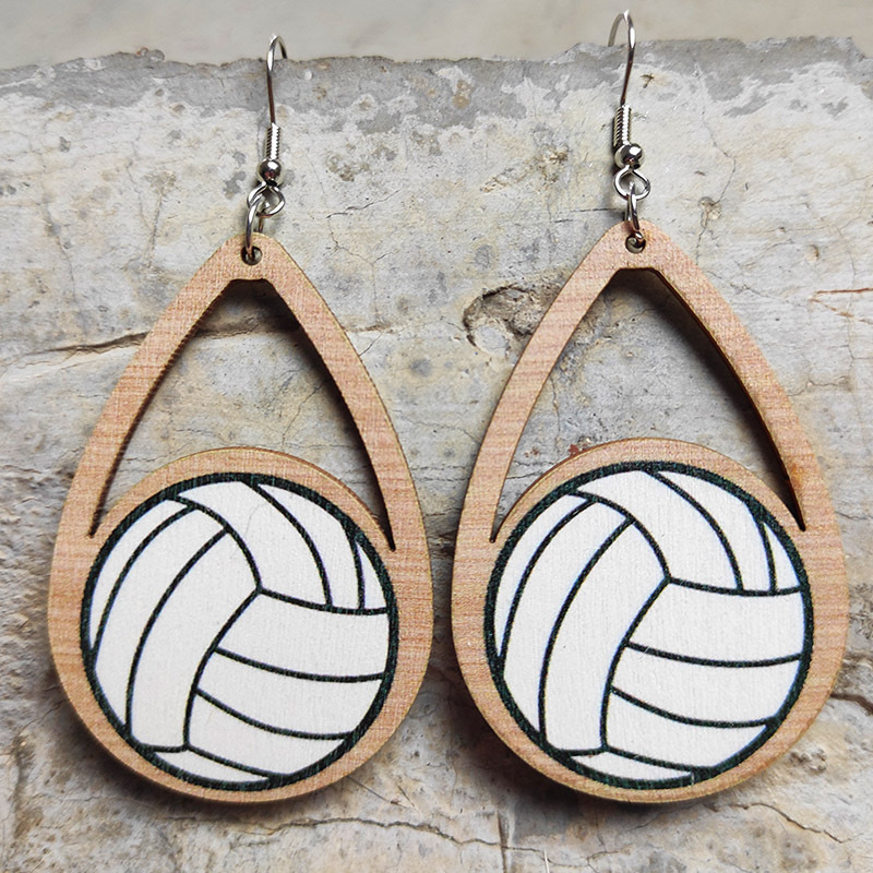 Football wooden earrings drop-shaped