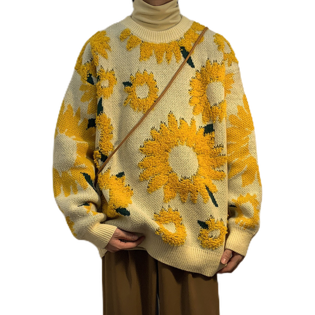 Explosiones transfronterizas de tamaño europeo de girasol flocado camiseta de punto suéter masculino estereoscópico chaqueta de invierno de otoño fábrica de moda al por mayor