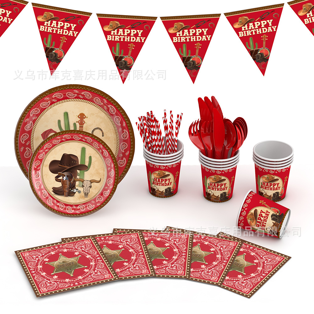 Niños Western Denim tema fiesta de cumpleaños vajilla suministros 16-Persona Placa de papel desechable tejido decoración traje