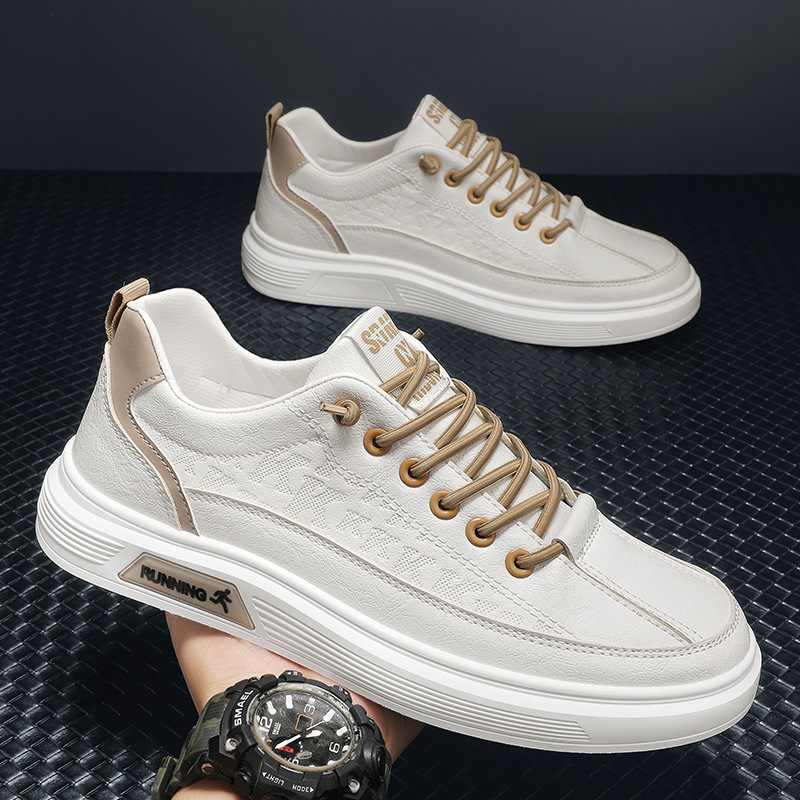 Herren Sommer 2024 neue Sport- und Freizeitschuhe flache atmungsaktive Ein-Fuß-Arbeitslederschuhe für Herren, kleine weiße trendige Schuhe_voghion.com