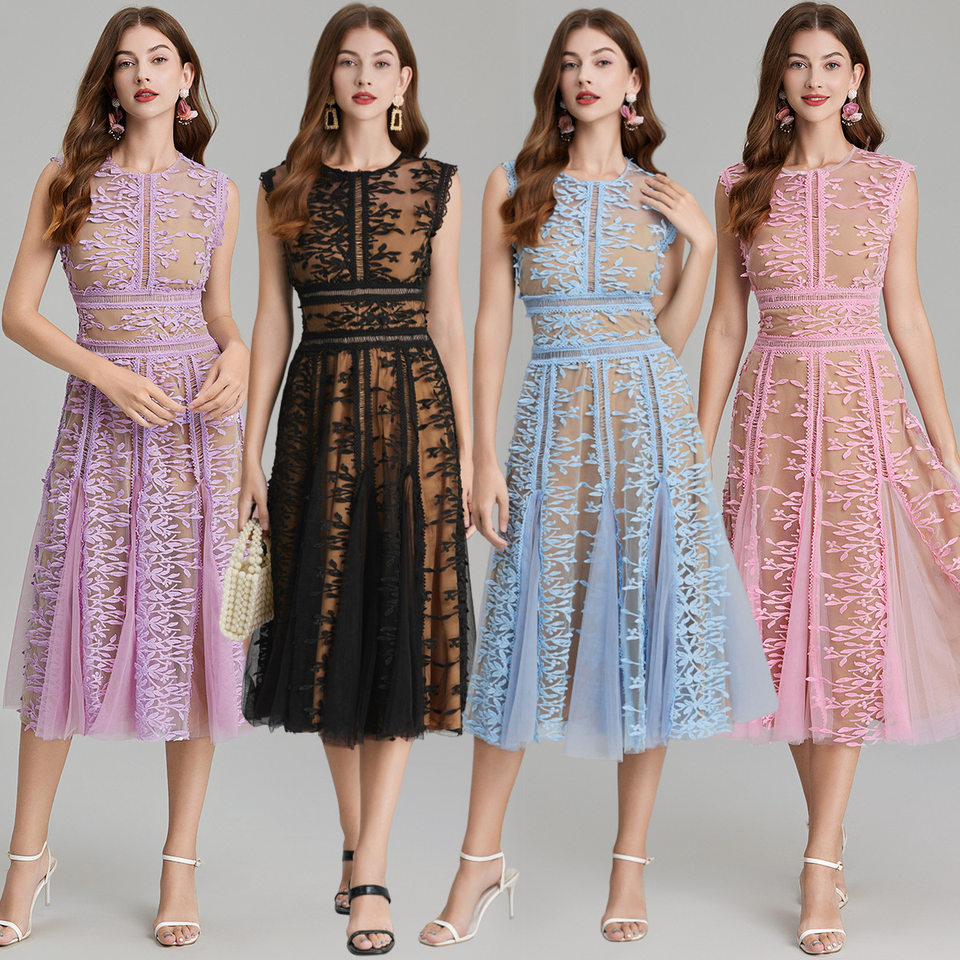 Váy liền nữ dáng suông midi không tay cổ tròn, ren thêu lưới, ôm eo nhẹ — Màu hồng chi tiết 1