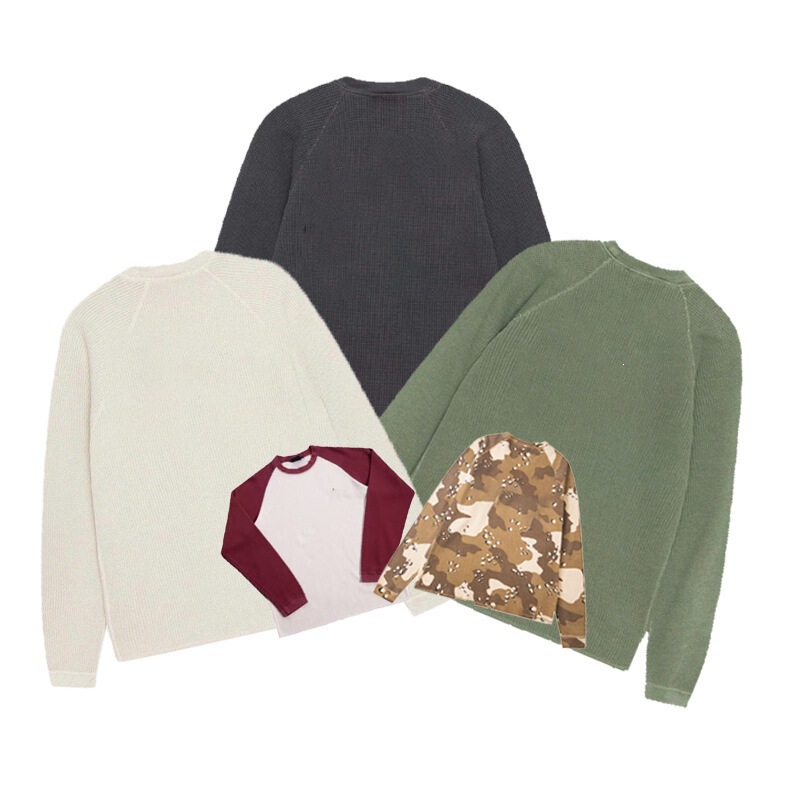 2025 Classic American-style micro-label design washed raglan sleeve waffle knit crew neck sweatshirt for men and women, vintage casual long-sleeve T-shirt