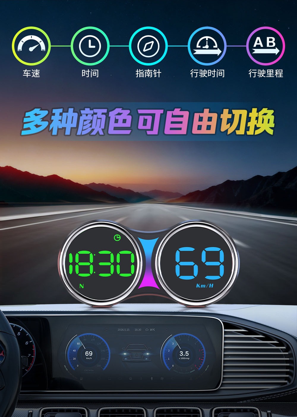 New dual-dial HUD head-up display speedometer with KM/MPH speed switch, direct from the manufacturer, G27