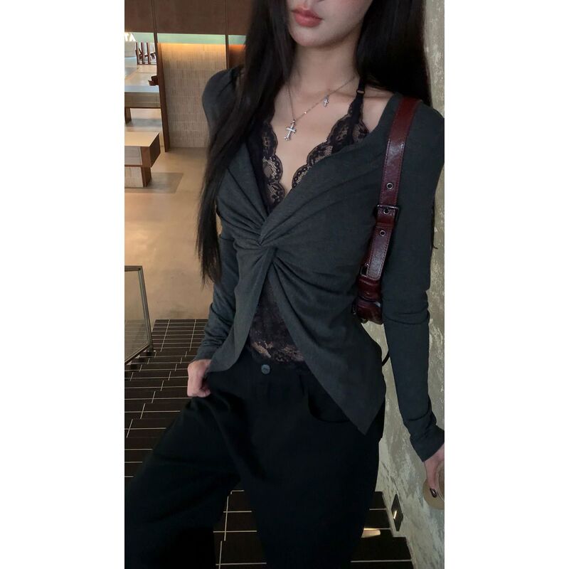 红人馆长袖打底衫女2025新款初秋韩系穿搭蕾丝t恤假两件辣妹上衣|undefined