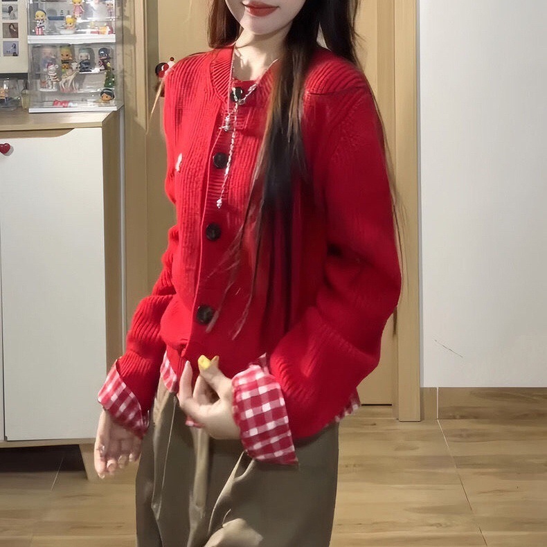 韩系假两件红色格子针织开衫女秋冬设计感拼接衬衫毛衣女外套上衣|undefined