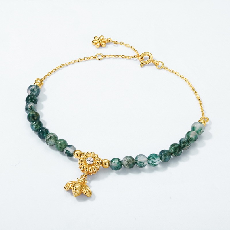 National Fashion New Chinese Style Bees Green Moss Beaded Bracelet Women's S925 Silver Gold Plated Aquagate Bracelet Custom-made