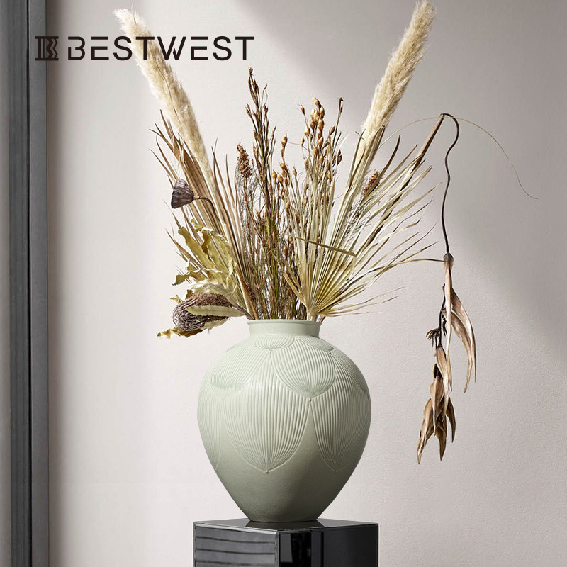Best West Chinese Style Cyan Petal Stoare Retro Ceramic Vase Ornaments High-end Model Room Decorations