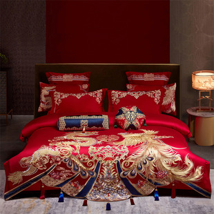 100-Count Cotton Satin Jacquard Wedding Four-Piece Set Classy Pure Cotton Wedding Bright Red Bedding Multi-Piece Set