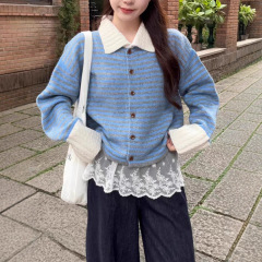 2025秋季韩版宽松慵懒松弛感女式毛衣新款条纹Polo领针织开衫外套
