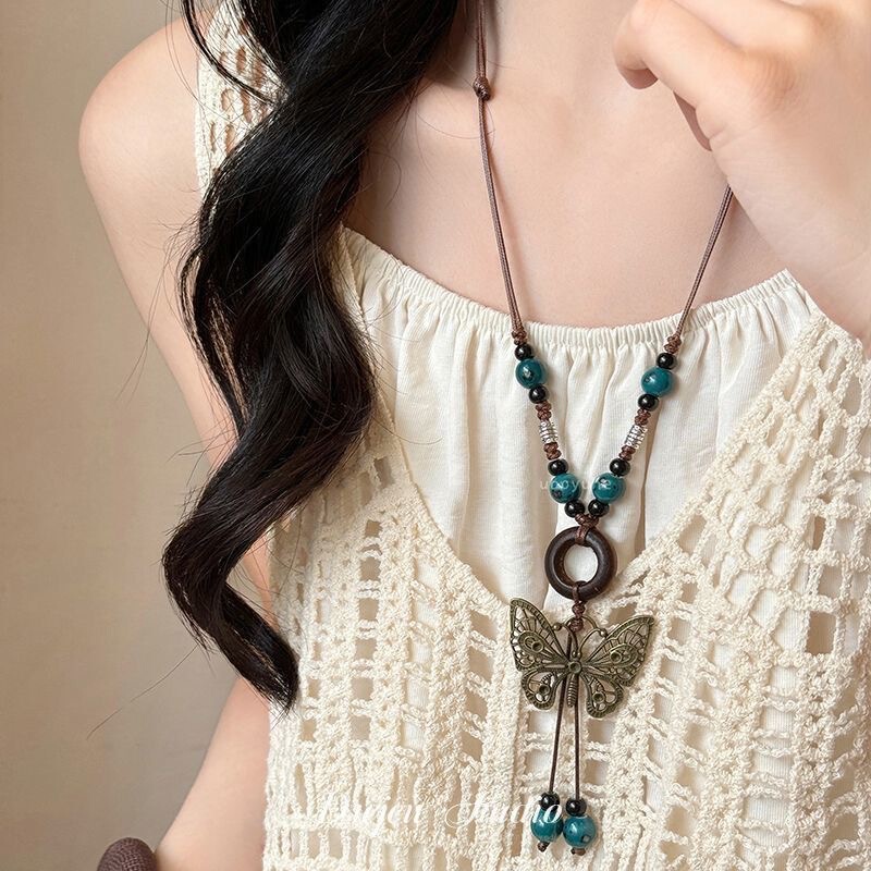 Bohemian Style Butterfly Beaded Rope Necklace for Women New Chinese Style Retro Long Halterneck Sweater Chain Ethnic Style