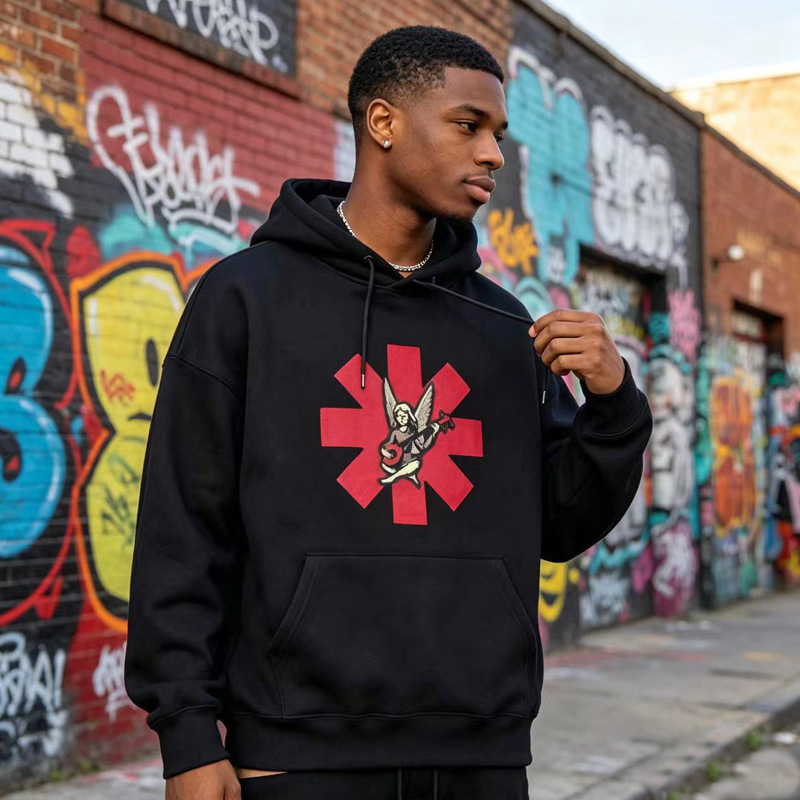 Trendy American Retro Rock Red Hot Chili Peppers Band Red Team Logo Printed Fleece-Lined Hooded Sweatshirt Hoodie Trendy American Retro Rock Red Hot Chili Peppers Band Red Team Logo Printed Fleece-Lined Hooded Sweatshirt Hoodie