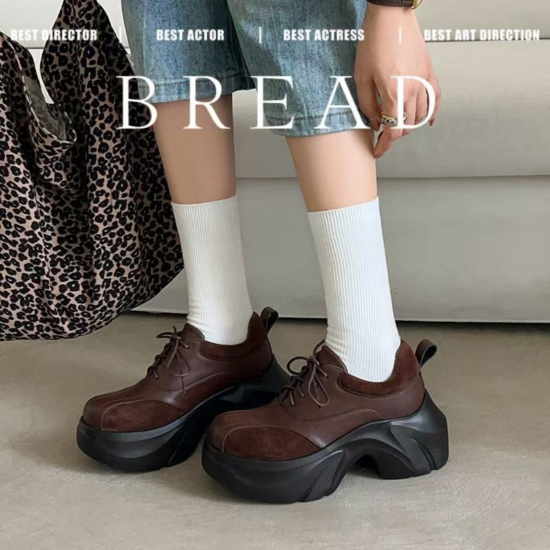 松糕厚底真皮休闲单鞋女2025新款小个子复古防水台拼色运动老爹鞋