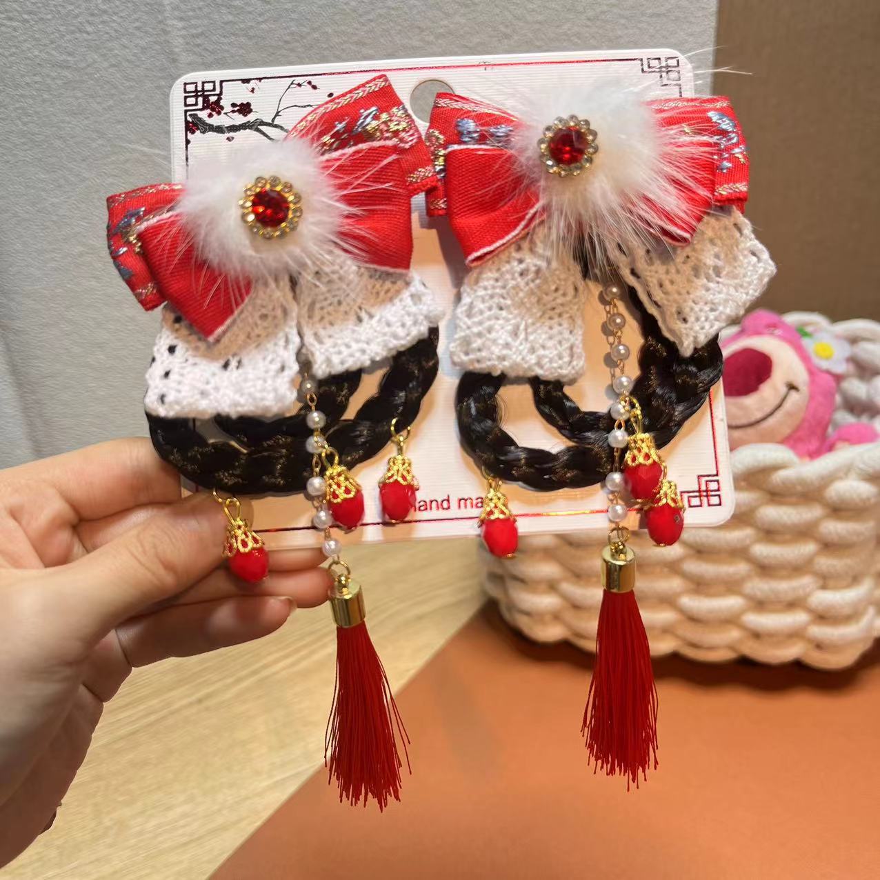 Año Nuevo horquilla accesorios para el cabello de los niños Hanfu estilo antiguo borla arco horquilla niña bebé peluca trenza cabeza Accesorios