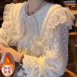 2026法式新款甜美风时尚气质钩花镂空蕾丝打底衫娃娃领春秋款上衣