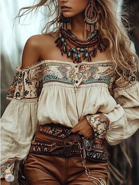 Cross-Border European and American Retro Western Cowgirl Women's Shirts Ethnic Style Printed Bohemian Tops Cross-Border European and American Retro Western Cowgirl Women's Shirts Ethnic Style Printed Bohemian Tops
