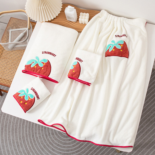Strawberry Bath Towel Summer Women's Wearable Wrap Absorbent Quick Dry Non-falling Hair Cute Student Hair Drying Cap Bath Skirt Bathrobe Set 