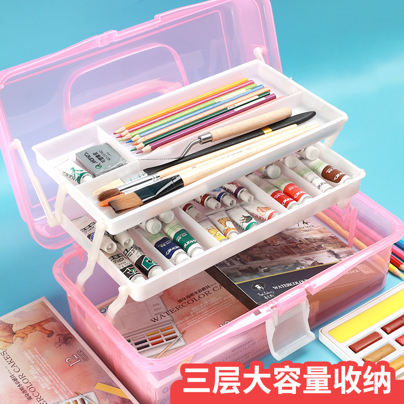 大号三层透明塑料美术工具箱小学生国画颜料箱儿童毛笔书法收纳盒