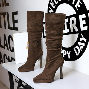9399-1 Thick heeled Long tube Boots for Women, Pointed High tube Waterproof Platform Side Zipper, Suede Fold Stacked Boo