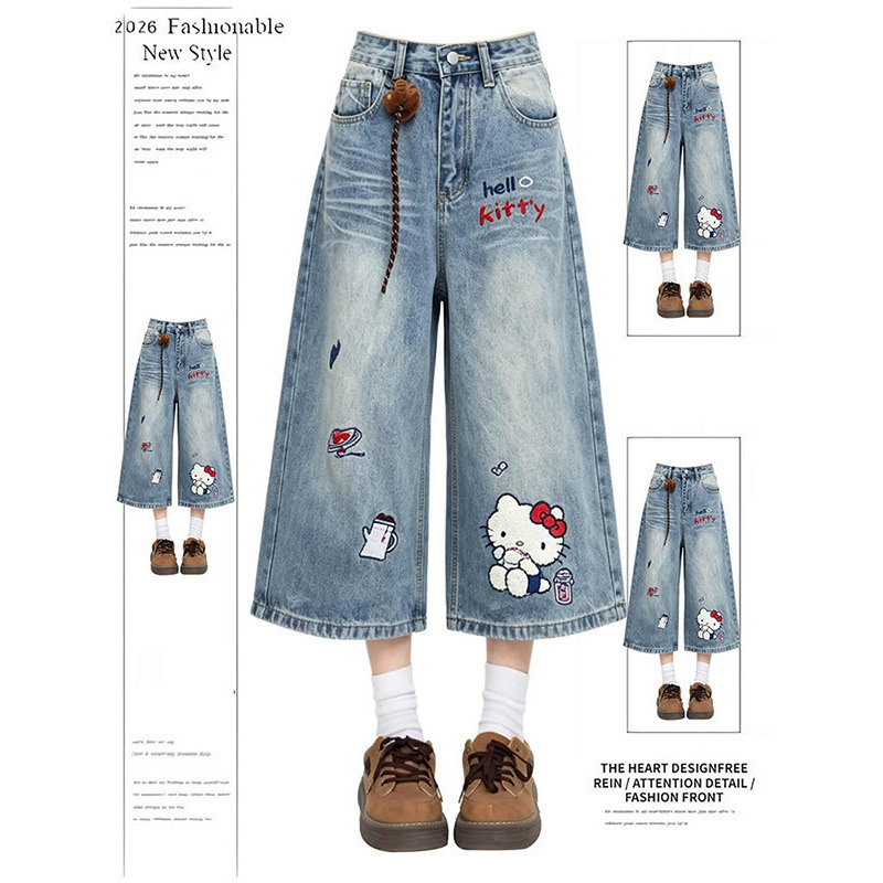 Kitty Cat Embroidered High-Waisted Cropped Jeans for Women, 2026 Summer New Design Short Wide-Leg Pants Kitty Cat Embroidered High-Waisted Cropped Jeans for Women, 2026 Summer New Design Short Wide-Leg Pants