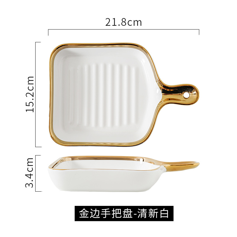 Nórdico creativo vajilla de cerámica rojo neto plato hogar oro borde mango hornear placa ins estilo carne desayuno placa